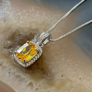 Sterling silver yellow cubic zirconia necklace rectangle cz halo pendant